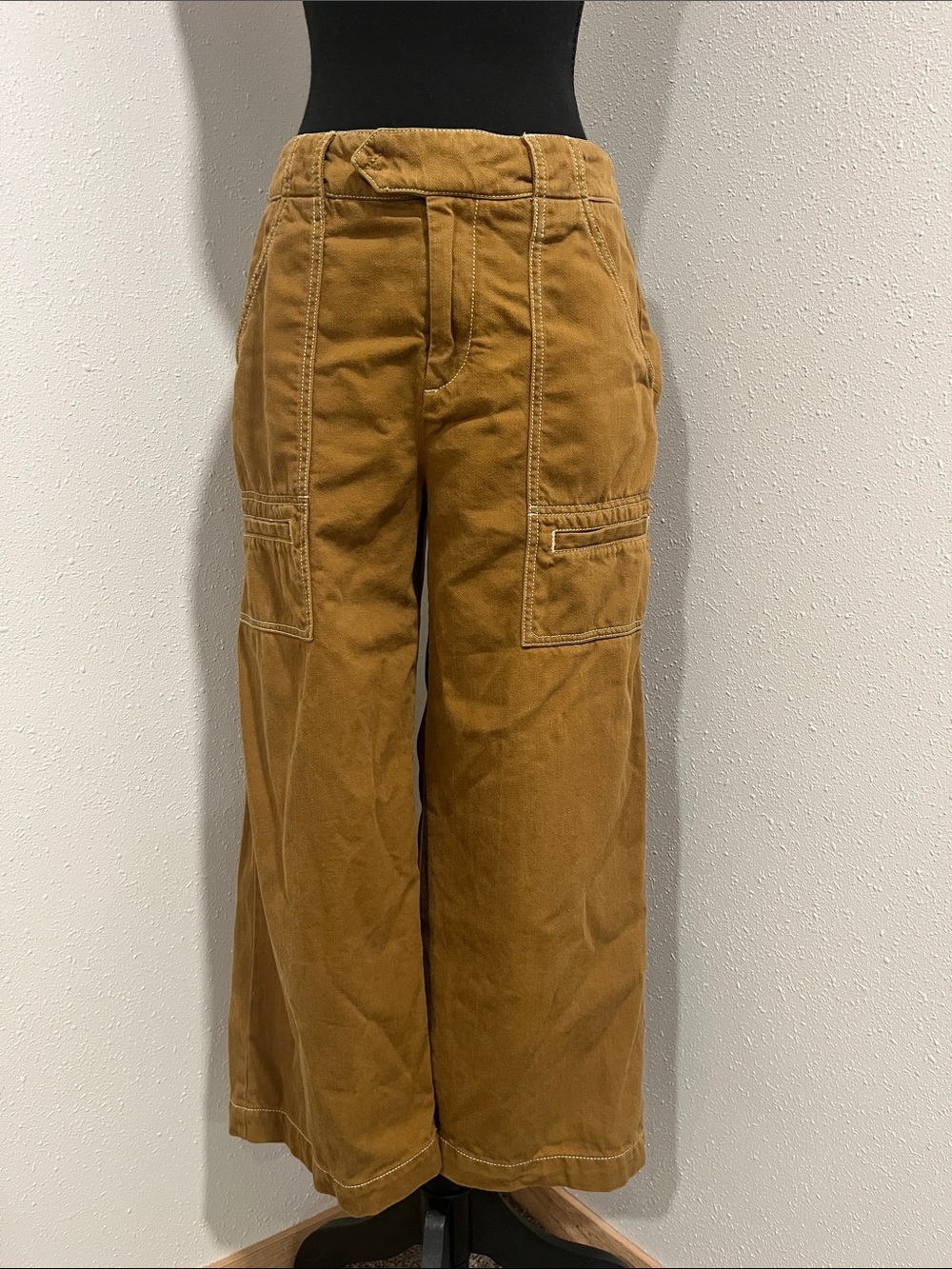 Anthropologie Wide-Leg Crop Cargo Pants in Mustard Brown-Size 6